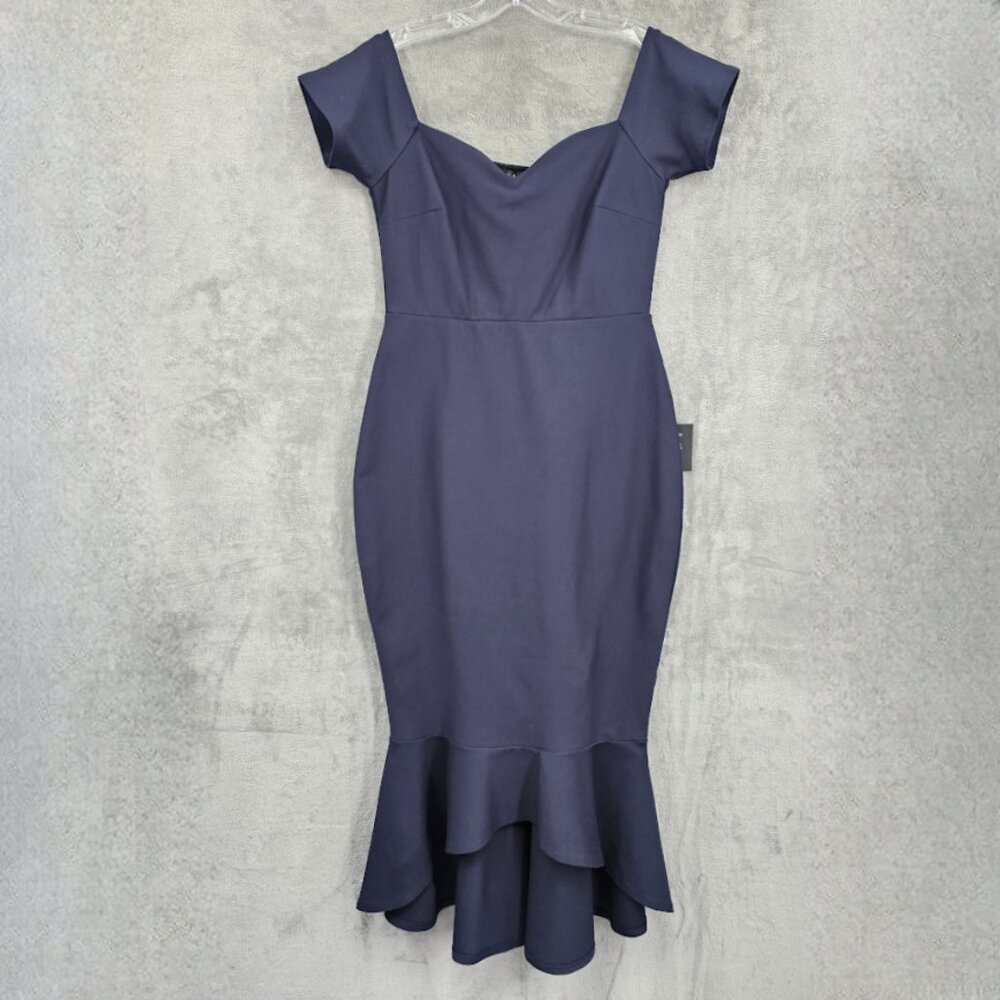 Lulus How Much I Care Off Shoulder Midi Dress L Navy Blue Trumpet Hi Low Hem New